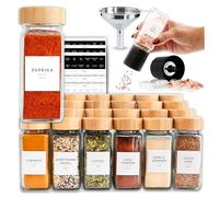 SAVVY & SORTED Barattoli per spezie in vetro con etichetta, set da 24 barattoli di bambù per spezie, 374 etichette per spezie, macinapepe, contenitori vuoti per condimenti per erbe, imbuto e coperchi