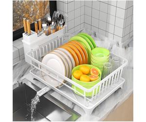 SavvyStor Scolapiatti, scolapiatti per piano cucina con portaposate, scolapiatti da cucina con vassoio di drenaggio, bianco