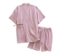 SAWEEZ Morbido Pigiama Corto da 2 Pezzi, Pigiama Kimono da Donna in Stile Giapponese Completo di Cotone Hanfu Pigiama per Coppie Pigiama Kimono Camicia da Notte Vestaglia,Donna Rosa,M