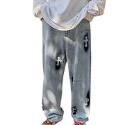 Sawmew Jeans da Uomo Larghi Pantaloni da Lavoro Cargo Dritti E Rilassati con Tasche, Jeans Larghi in Denim Stampati Hip-Hop Larghi da Uomo (Color : Blue, Size : L)