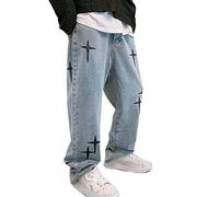 Sawmew Jeans da Uomo Straight Fit Gamba Larga Larghi Jeans da Uomo in Denim Elasticizzato Pantaloni Pantaloni Vintage Casual Long Streetwear Pantaloni Hip Hop Y2K (Color : Blue, Size : M)