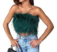 Sawmew Top da Donna Senza Maniche in Pelliccia di Piume Top Senza Maniche Senza Spalline Senza Spalline con vestibilità Slim Fit Club Streetwear (Color : Dark Green, Size : S)