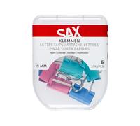 SAX Morsetti colorati 6 pezzi, clip in metallo con rivestimento colorato per documenti e documenti, scatola di plastica con chiusura di sicurezza, forniture per ufficio