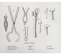 Saxon Tools - A. Coppia di cesoie b. pinze o pinze c. Altre tenaglie d. Nippers e. Axe f. Hammer g. Scalpello h.i. Martelli. Dalla storia del progresso in Gran Bretagna pubblicato nel 1866. Stampa