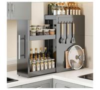 SAYEYBU Portaspezie Stretto con Cassetto, Ripiano Estraibile per Piano Cucina con Ganci Magnetici, Ripiano Portaspezie Verticale, per Barattoli, Sale, Salse, Aceto,Nero,22.5 * 35 * 46cm