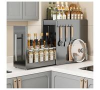 SAYEYBU Portaspezie Stretto con Cassetto, Ripiano Estraibile per Piano Cucina con Ganci Magnetici, Ripiano Portaspezie Verticale, per Barattoli, Sale, Salse, Aceto,Nero,18.5 * 35 * 34cm