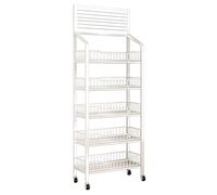 SAYEYBU Scaffale Espositivo per Negozi, Scaffalatura Metallica Multiuso su Ruote, Carrello Ripiani per Frutta e Verdura con Ganci, Facile Montare, per attività Commerciali,Bianca,5 Tier 60CM