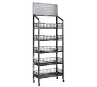 SAYEYBU Scaffale Espositivo per Negozi, Scaffalatura Metallica Multiuso su Ruote, Carrello Ripiani per Frutta e Verdura con Ganci, Facile Montare, per attività Commerciali,Nero,5 Tier 60CM