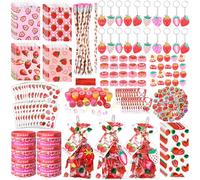 Sayglossy Set di 371 bomboniere a forma di fragola, include sacchetti regalo, matite, quaderni, temperamatite, bracciali, anelli, portachiavi, tatuaggi, timbri, fragole, bomboniere per feste di