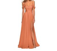 SAYNO Abiti da damigella d'onore in chiffon con spalle scoperte per matrimonio con tasche scollo a V lungo abito da ballo formale abito da sera, Arancione, 40
