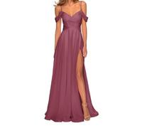 SAYNO Abiti da damigella d'onore in chiffon con spalle scoperte per matrimonio con tasche scollo a V lungo abito da ballo formale abito da sera, Rosa del deserto, 44