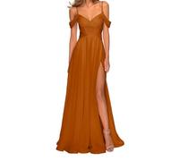 SAYNO Abiti da damigella d'onore in chiffon con spalle scoperte per matrimonio con tasche scollo a V lungo abito da ballo formale abito da sera, Arancione bruciato, 42