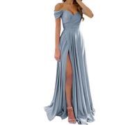 SAYNO Abiti da damigella d'onore in raso per matrimonio con spalle scoperte scollo a V abiti da festa formale, Blu Polvere, 46