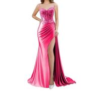 SAYNO Abito da damigella d'onore con applique in pizzo per donne con spacco abito da ballo increspato abito da cocktail taglie forti, Rosa acceso, 54 Più