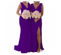SAYNO Abito da damigella d'onore da donna, in chiffon, con spacco, pieghettato, taglie forti, Viola, 62 Più