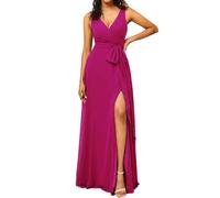 SAYNO Abito da damigella d'onore lungo da donna, in chiffon, con scollo a V, senza maniche, con spalline, Magenta, 48