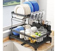 SAYZH Scolapiatti, Pieghevole a 2 Livelli In Acciaio Inox e Scolapiatti Per Bancone Da Cucina, Con Vassoio Estraibile Per Lavello, Porta Utensili, Nero