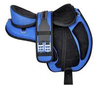 Sazaar Tack Sella per Cavallo Inglese Freemax Senza Albero Sintetica con Circonferenza Abbinata e staffe in Alluminio Set Coppia (Sedile da 16 Pollici, Blu)
