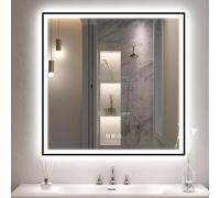 S'bagno Bluetooth Specchio Bagno con Luce 80x80cm, Telaio in Ferro | Specchio Bagno LED con Antiappannamento/Vetro Temperato/ 3 Colori di Luce/Dimmerabile, IP44 Specchio Led Bagno, Nero