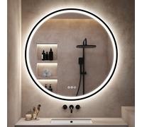 S'bagno Specchio-Bagno-con-Luce 80cm, Specchio-LED-Rotondo-Retroilluminato con Bluetooth, Antiappannamento, 3 Colori Luce, Dimmerabile, Memoria Luci, IP44, Vetro Temperato, Telaio Ferro Nero