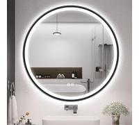 S'bagno Specchio da bagno rotondo con luci, 800 mm, specchio LED illuminato per bagno con telaio in alluminio, anti-appannamento, 3000-6500K, vetro temperato HD, impermeabile IP44, memoria, nero