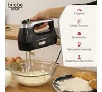 briebe Elegance Sbattitore Eletrico 400W Impastatrice Speciale per Pasticceria, 5 Velocità + Turbo, Accessori per Montare e Impastare in Acciaio Inox, Albumi, Panna, Impasto per Pizza, Torte, Nero