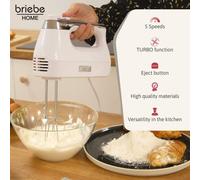 briebe Elegance Sbattitore Eletrico 400W Impastatrice Speciale per Pasticceria, 5 Velocità + Turbo, Accessori per Montare e Impastare in Acciaio Inox, Albumi, Panna, Impasto per Pizza, Torte, Bianca