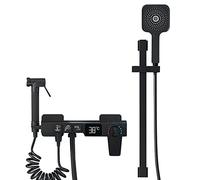 SBCGFY Rubinetto per Vasca da Bagno con doccetta a Mano, Display Digitale a LED, Miscelatore a Parete in Ottone Nero, Rubinetto Miscelatore monocomando con Asta Scorrevole per la Doccia,