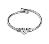 SBI Jewelry Braccialetto rigido da donna con lettera A-Z, con cuore in argento, espandibile, per mamma, regalo di compleanno, Acciaio inossidabile Argento Zirconia cubica, Nessuna pietra preziosa