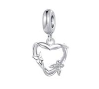 SBI Jewelry Charm a forma di cuore con farfalla e rosa, compatibile con braccialetti Pandora, da donna, con ciondolo a forma di farfalla, per anniversario, Misura unica, Rame, Nessuna pietra preziosa