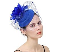 SBJKLYRN Cocktail hat， Cappello da donna con velo e clip, copricapo con piume, accessorio for capelli da cocktail e da tè.(Blue)