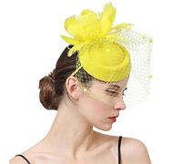 SBJKLYRN Cocktail hat， Cappello da donna con velo e clip, copricapo con piume, accessorio for capelli da cocktail e da tè.(Yellow)