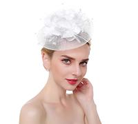 SBJKLYRN Cocktail hat， Copricapo da sposa, da donna, con fiori, in rete e piume, for cocktail e feste in chiesa(White)