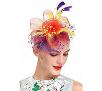 SBJKLYRN Cocktail hat， Fascinator da donna con fiori, nastri in rete e piume, cappello o copricapo con clip, for cocktail e feste.(P)