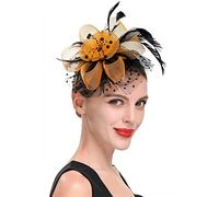 SBJKLYRN Cocktail hat， Fascinator da donna con fiori, nastri in rete e piume, cappello o copricapo con clip, for cocktail e feste.(L)