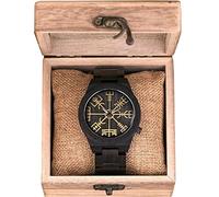 SBRTL Orologio in legno da uomo vichingo, orologio da polso in legno con casco di soggezione simbolo mitologia norrena bracciale in legno vintage orologio al quarzo regolabile regalo cerchio runa,Nero