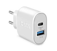 SBS Caricabatterie da Muro con Presa EU, 1 Uscita USB 2.1A e 1 Uscita Type-C Power Delivery da 30 Watt per la Ricarica Rapida, per Smartphone Android e iPhone