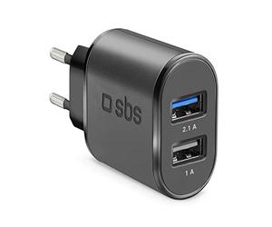 SBS Caricabatterie da Muro con Presa EU a Ricarica Rapida da 3100 mAh con Due uscite USB da 1 A e 2.1 A, Fino al 50% di Carica dello Smartphone in 30 min, Nero
