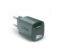 SBS caricatore multiporta 30W con LCD, 1 porta USB-C e 1 USB-A, presa europea, Power Delivery, ideale per smartphone Android, iPhone, tablet, MacBook