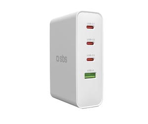 SBS Travel Adapter USB-C 100W, Caricatore da Viaggio con Spine US/UK/EU/AU | Convertitore Adattattore 4 porte USB, Power Delivery (PD), Ricarica Rapida per iPhone, Android, MacBook e Notebook, Bianco