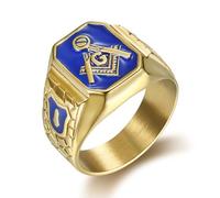 SBZIOJHDR anelli da uomo, Anello massonico da uomo in smalto blu con simbolo del Maestro Massone, gioiello vintage in acciaio e titanio dorato(S)