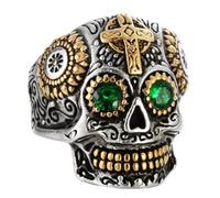 SBZIOJHDR anelli da uomo, Anello punk in acciaio inossidabile con croce e occhi in zirconia cubica verde/rossa, gioiello vintage da motociclista for uomo donna(Green Gem,W)