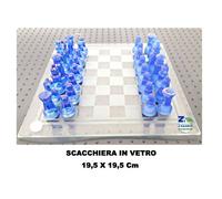 SCACCHI SCACCHIERA BASE IN VETRO PEDINE LUCIDE E SATINATE BLU CM 19,5 X 19,5
