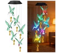 Scacciapensieri da giardino a LED solare, in metallo, per esterni, da appendere, set da 2 campanelli a vento a energia solare, da giardino, con design a colibrì, cambia colore, impermeabile, per
