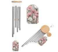 Scacciapensieri in legno invecchiato con fiori rosa e bianchi su campane a vento commemorative con 6 tubi in alluminio, decorazione da giardino per esterni