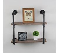 Scaffalatura a tubo industriale da parete, 61 cm, rustica, in metallo, stile steampunk, scaffale da parete in vero legno, scaffale da parete per libreria, mensole da parete per cucina e bar (2 livelli