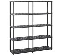 Scaffalatura con 5 ripiani, in plastica nera, 142 x 38 x 170 cm, set da 2 scaffali a incastro per officina, cantina, garage, con elevata portata e facile montaggio, ideale per riporre e organizzare