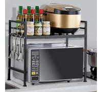 Scaffalatura Estensibile Allungabile Porta Microonde in acciaio con Ripiano, Mensola Organizer con Portaspezie e Portaposate da Cucina, Mobiletto con Piedini Antiscivolo-40/64*45*36,5 cm nero