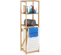 Scaffale a Colonna per il Bagno con Cestino Portabiancheria, Bambù, 3 Ripiani, H