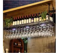 Scaffale a soffitto a 2 strati con luci a LED, supporto per bicchiere da vino a testa in giù, espositore in metallo per bar, nero, 120 cm x 35 cm
